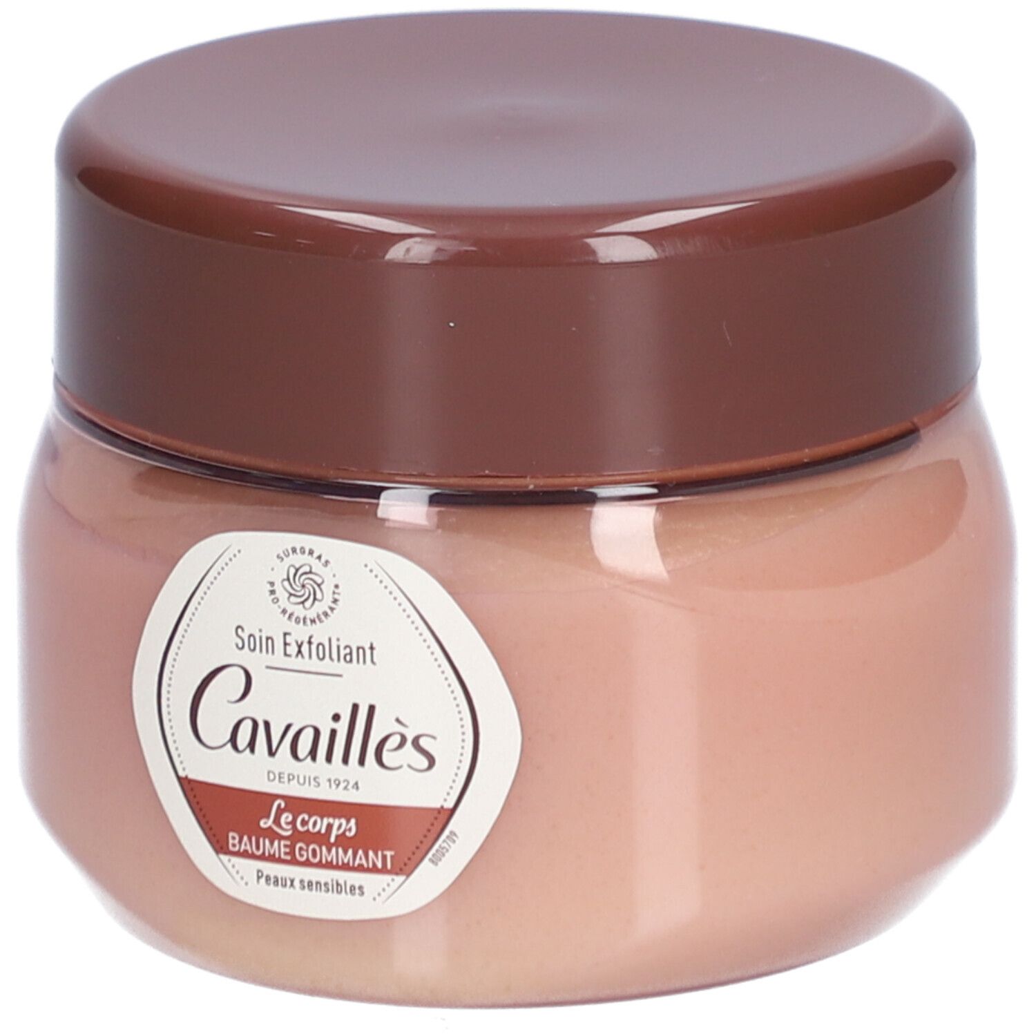 Pot avec couvercle marron. Étiquette avec texte: Soin Exfoliant, Cavaillès, Le Corps, Baume Gommant. Contenu rose visible.
