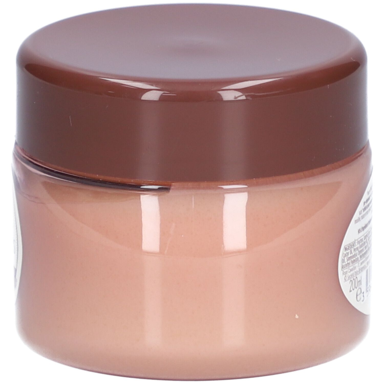 Pot avec couvercle marron. Contenu rose visible. Étiquette avec texte.