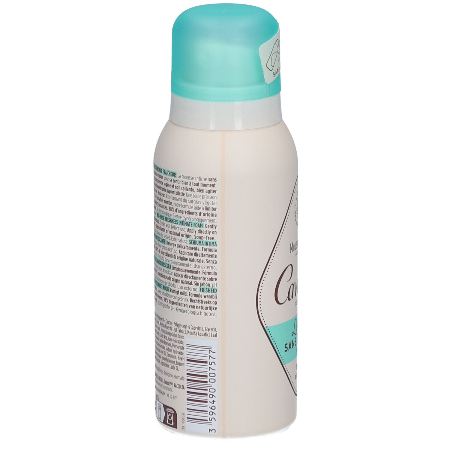 Vue arrière d'un flacon blanc et turquoise. Texte sur l'étiquette. Bouchon turquoise.