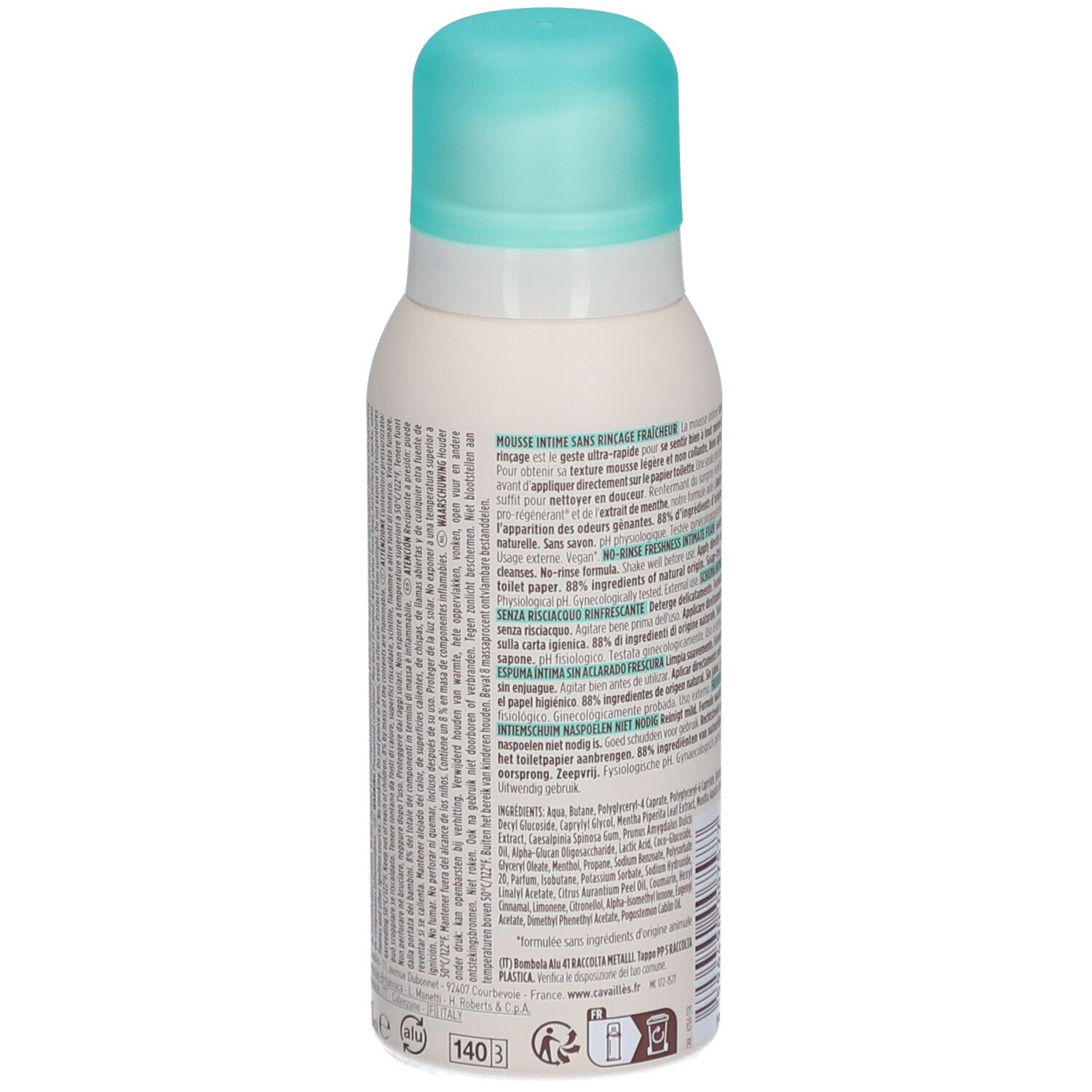 Vue arrière d'un flacon blanc et turquoise. Texte sur l'étiquette. Bouchon turquoise.