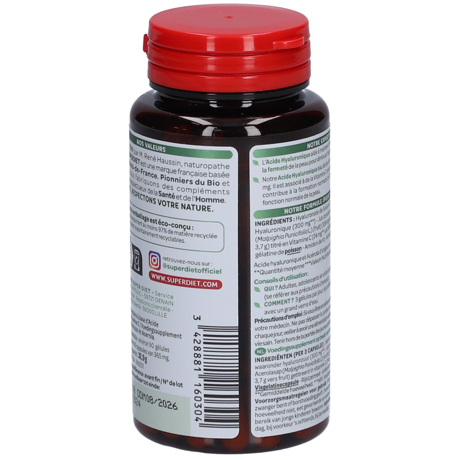 Rückseite der braunen Flasche. Text mit Informationen und QR-Code. Roter Deckel.