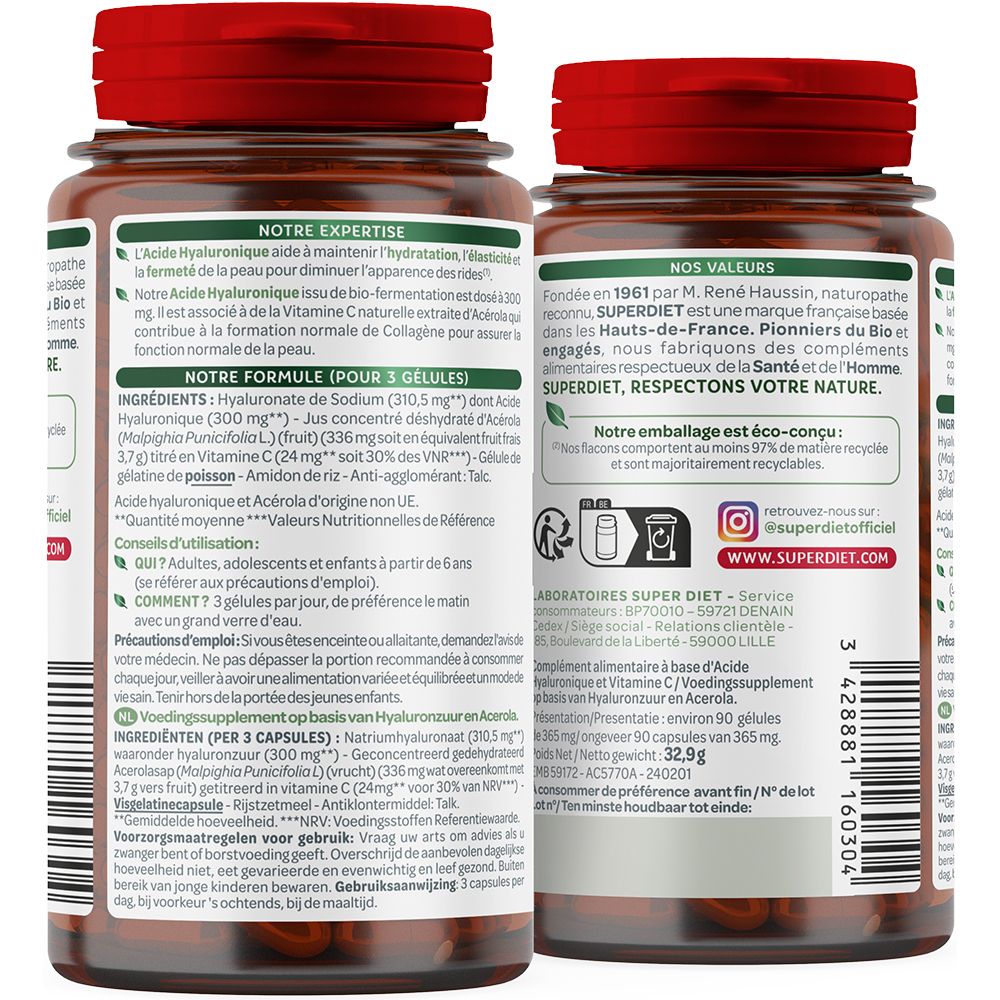 Rückseite der Flasche. Text über Inhaltsstoffe, Anwendung und Nährwerte. Marke: Superdiet. Informationen in Französisch.