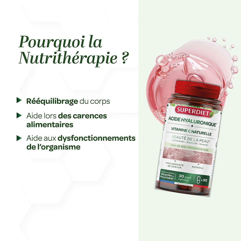 Grafik mit Produkt und Text. Warum Nutri-Therapie? Reéquilibrage du corps, Aide lors des carences alimentaires, Aide aux dysfonctionnements.