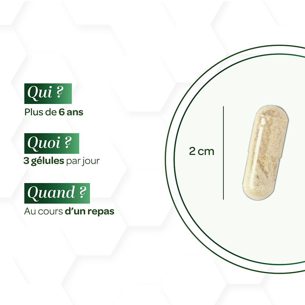 Kapsel mit 2 cm. Text: Qui? Plus de 6 ans. Quoi? 3 gélules par jour. Quand? Au cours d'un repas.