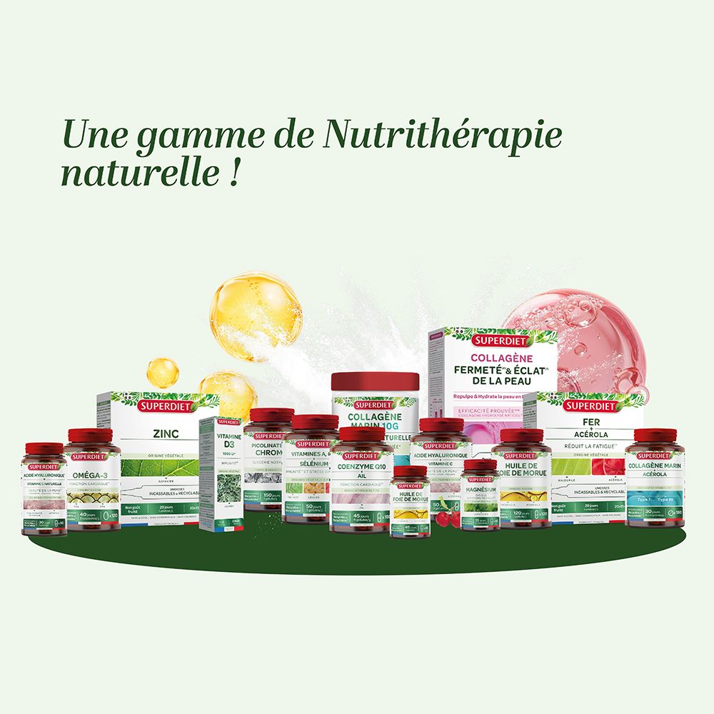 Verschiedene Produkte der Marke Superdiet. Viele Flaschen und Verpackungen. Natürliche Nutri-Therapie.