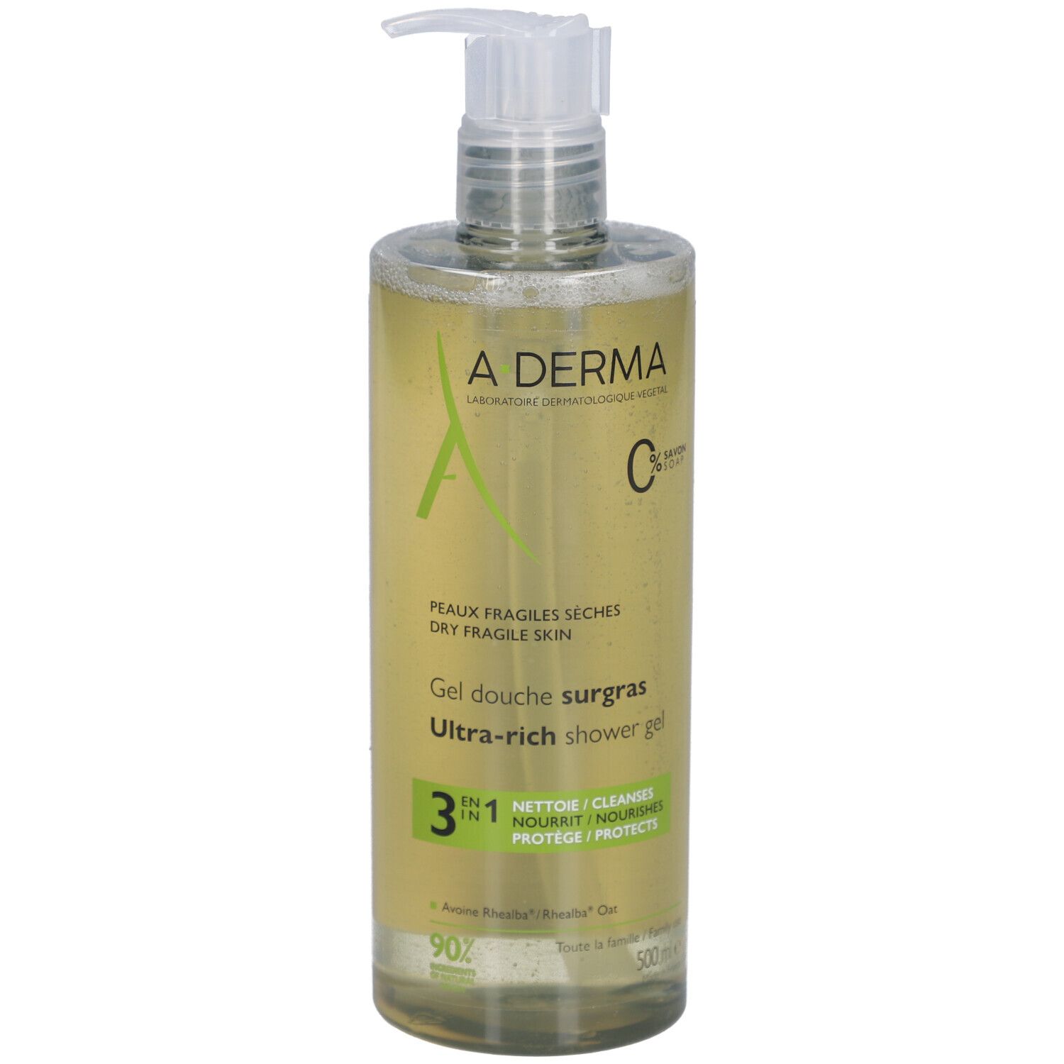 Flacon transparent A-Derma Gel douche surgras avec pompe. Inscriptions : Peaux fragiles sèches, Ultra-rich shower gel, 3-en-1.