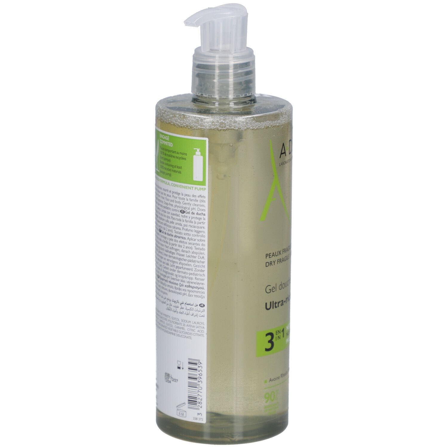 Dos du flacon A-Derma Gel douche surgras avec texte. Avec pompe. Inscriptions : Peaux fragiles sèches, Ultra-rich shower gel, 3-en-1.