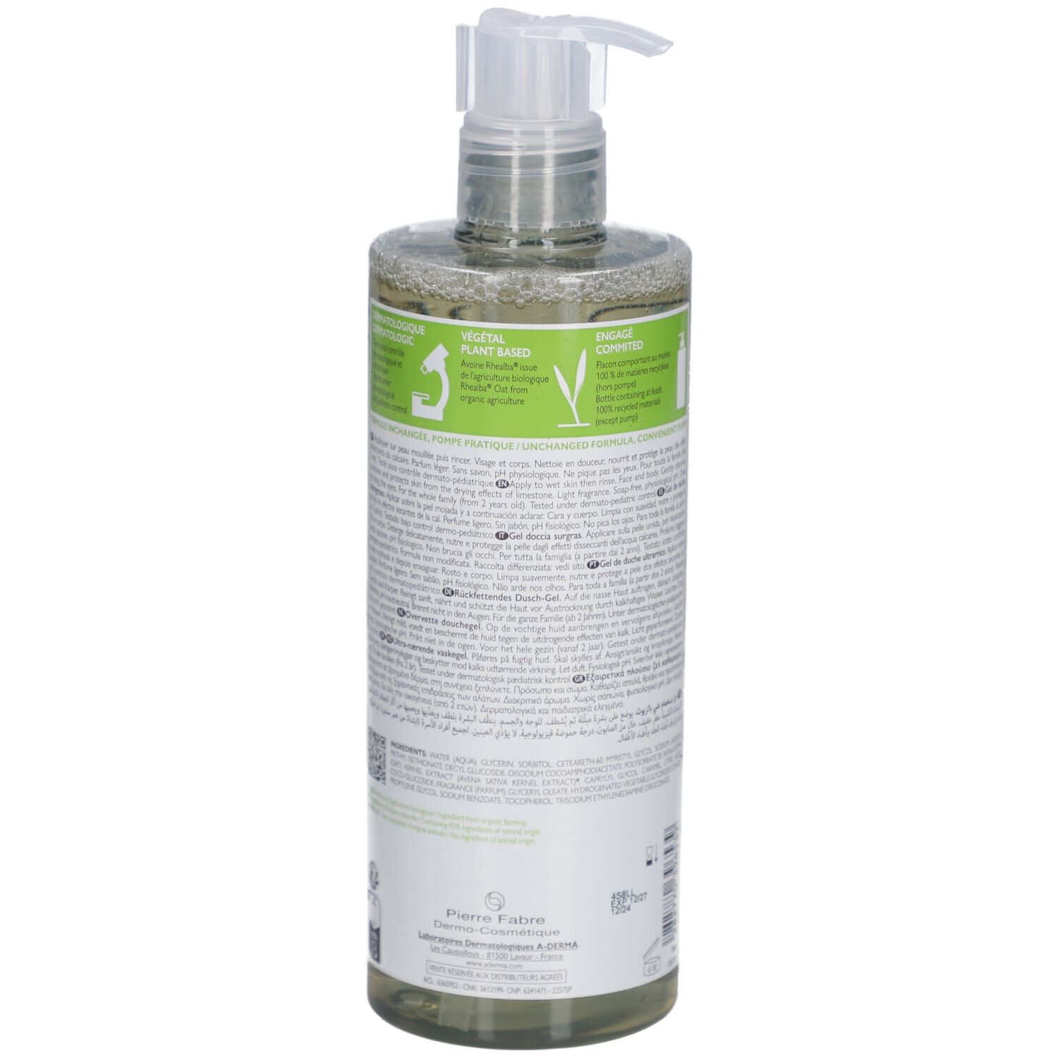 Dos du flacon A-Derma Gel douche surgras. Texte et étiquettes vertes. Avec pompe. Inscriptions : végétal, origine naturelle.