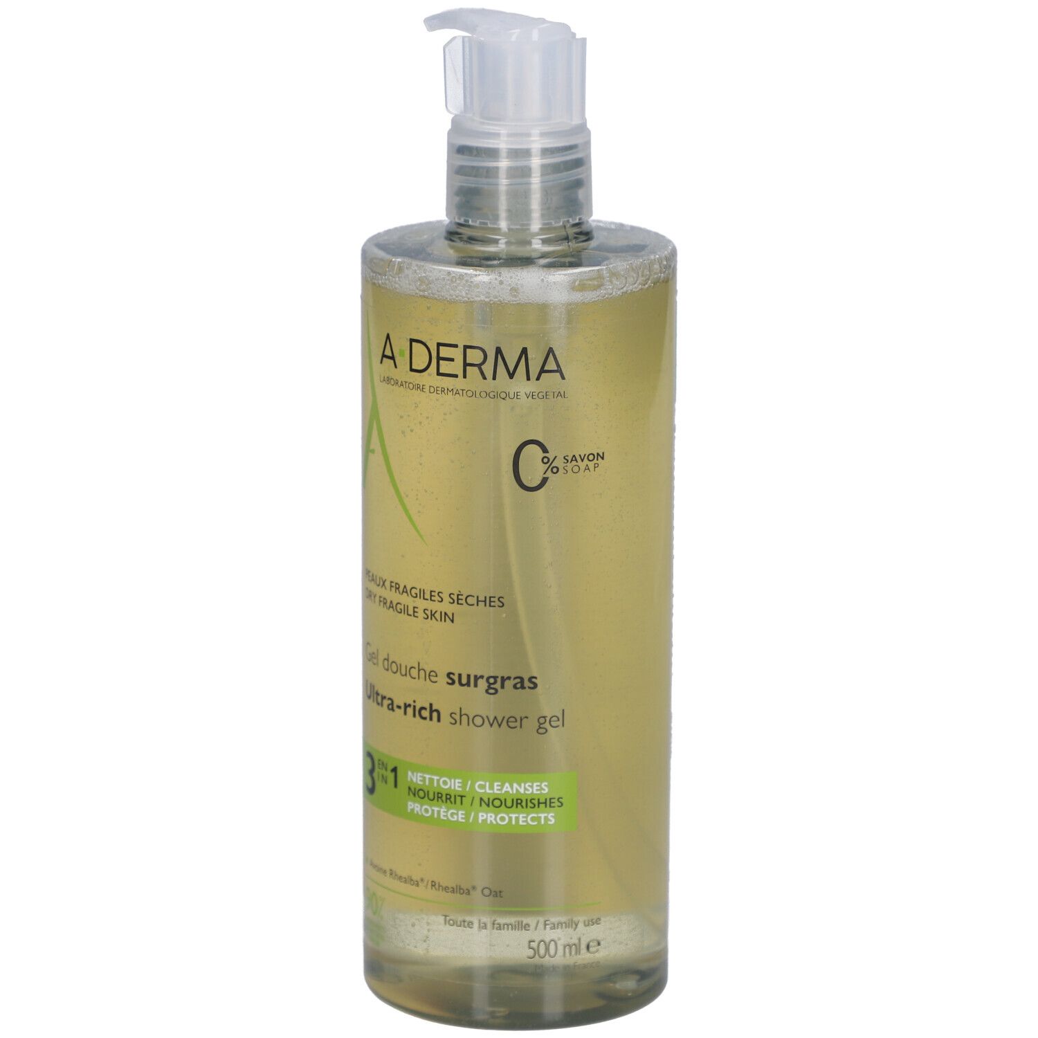 Flacon transparent A-Derma Gel douche surgras avec pompe. Inscriptions : Peaux fragiles sèches, Ultra-rich shower gel, 3-en-1.
