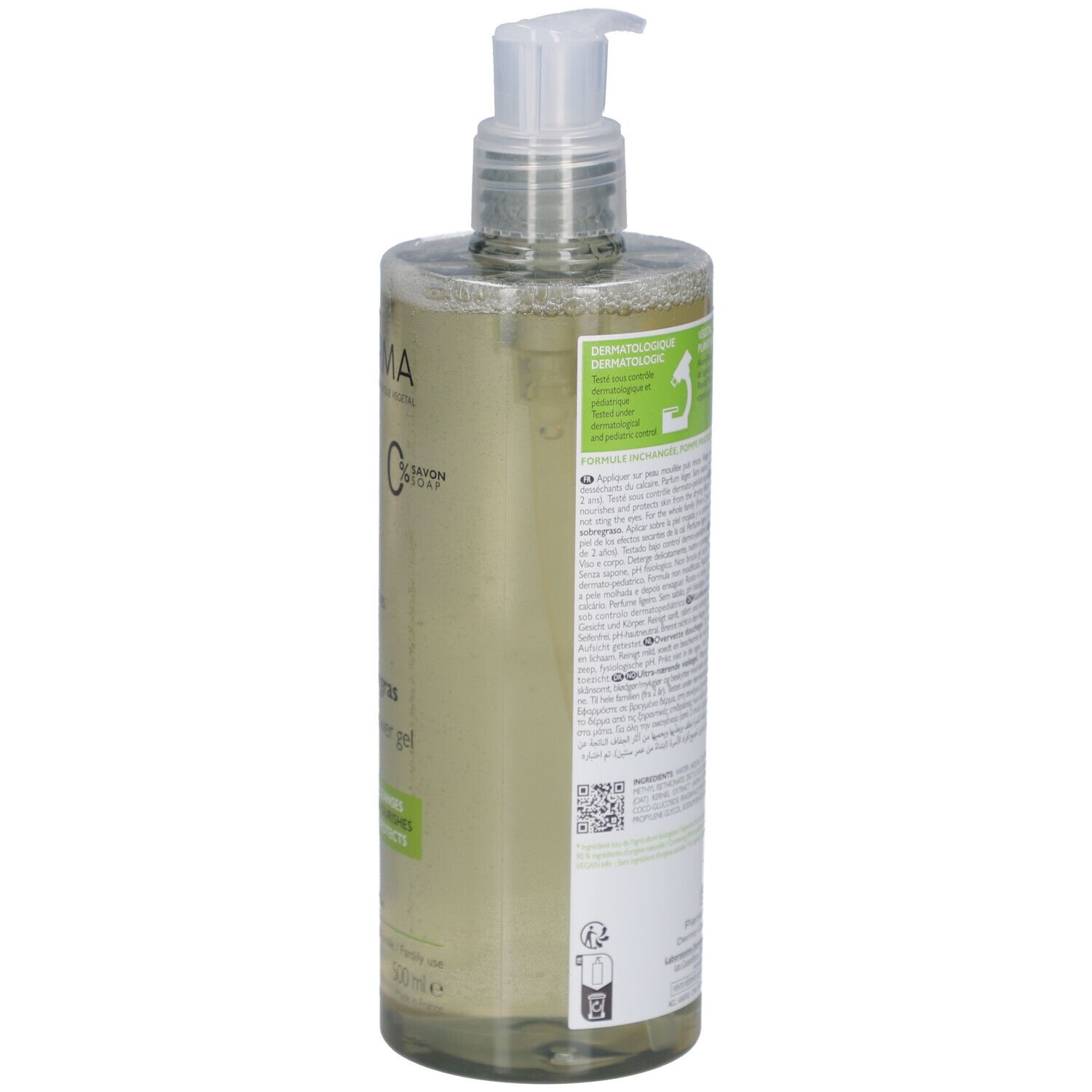 Dos du flacon A-Derma Gel douche surgras avec texte. Avec pompe. Inscriptions : Peaux fragiles sèches, Ultra-rich shower gel, 3-en-1.