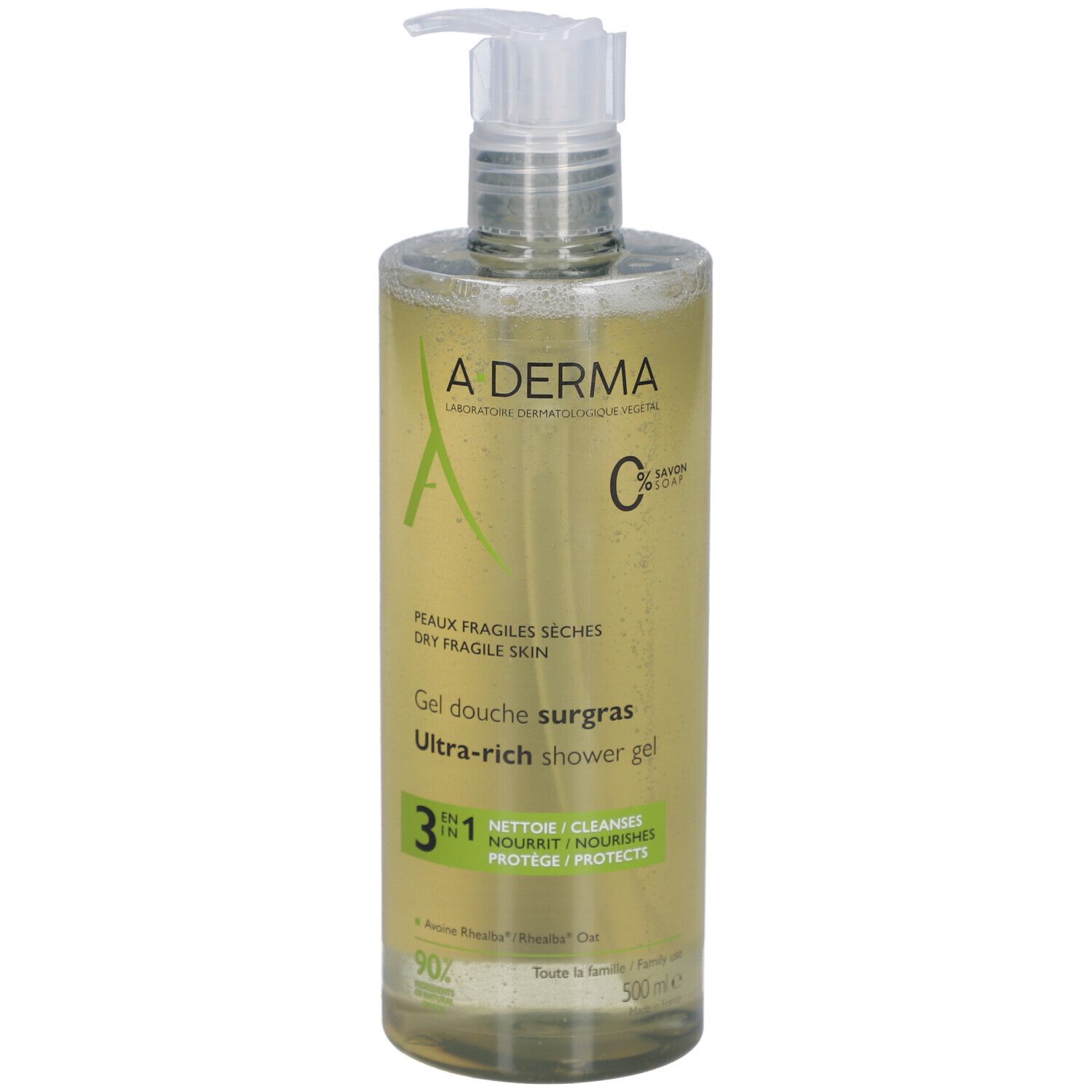 Flacon transparent A-Derma Gel douche surgras avec pompe. Inscriptions : Peaux fragiles sèches, Ultra-rich shower gel, 3-en-1.