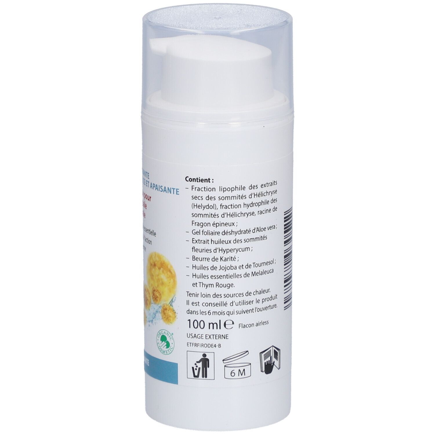 Rückseite des weißen Spenders. Textinformationen, Inhaltsstoffe und Volumen: 100 ml.