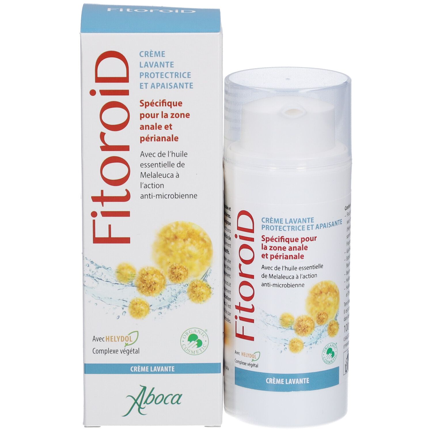 Produktverpackung und Spender. Verpackung: blau-weiß, Aufschrift: Fitoroid, Crème Lavante. Abbildung von Blüten.