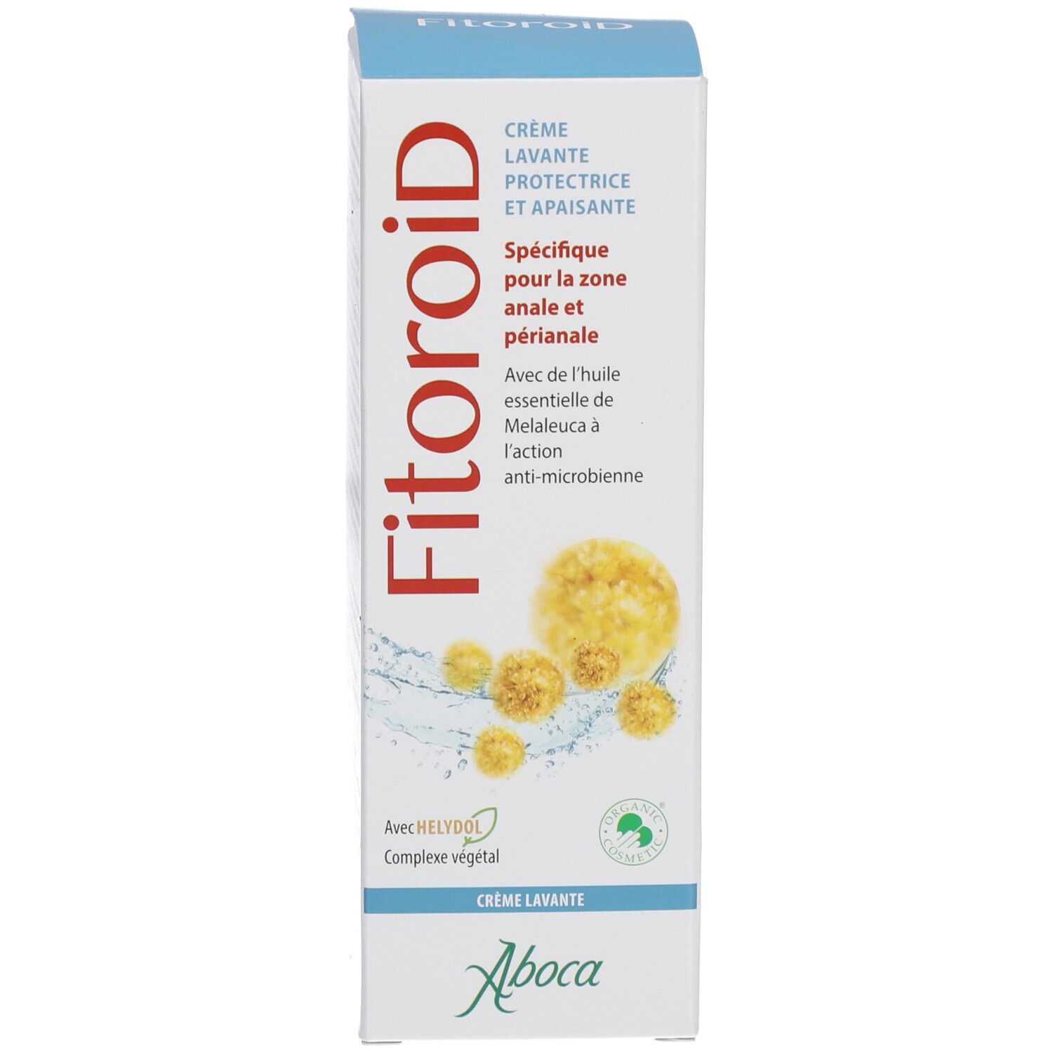 Produktverpackung. Blau-weiße Verpackung. Aufschrift: Fitoroid, Crème Lavante. Abbildung von Blüten.