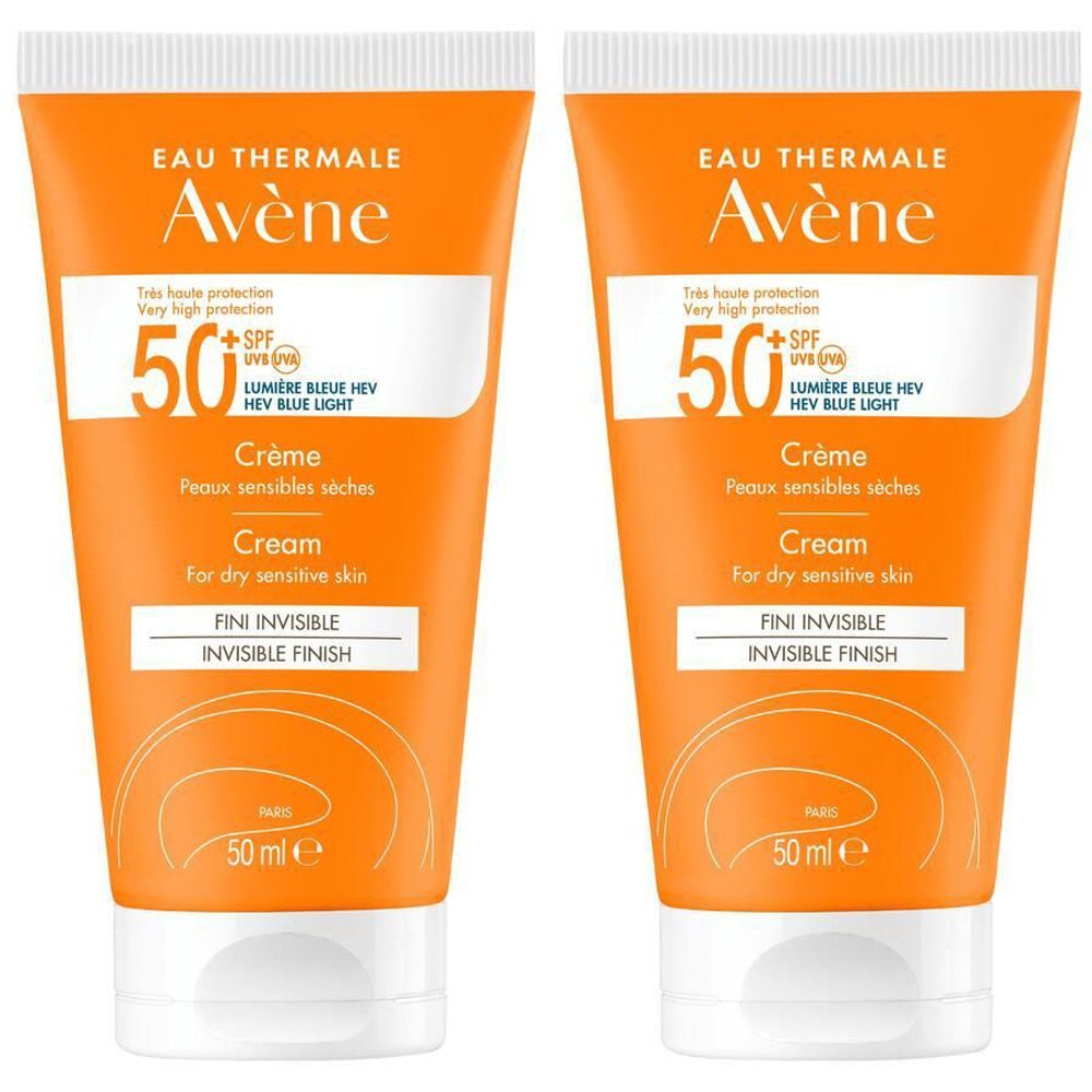 Zwei Tuben Avène Solaire Crème SPF50+. Orangefarbene Tube mit weißem Deckel. Text: SPF50+, Crème, Fini Invisible, 50 ml.