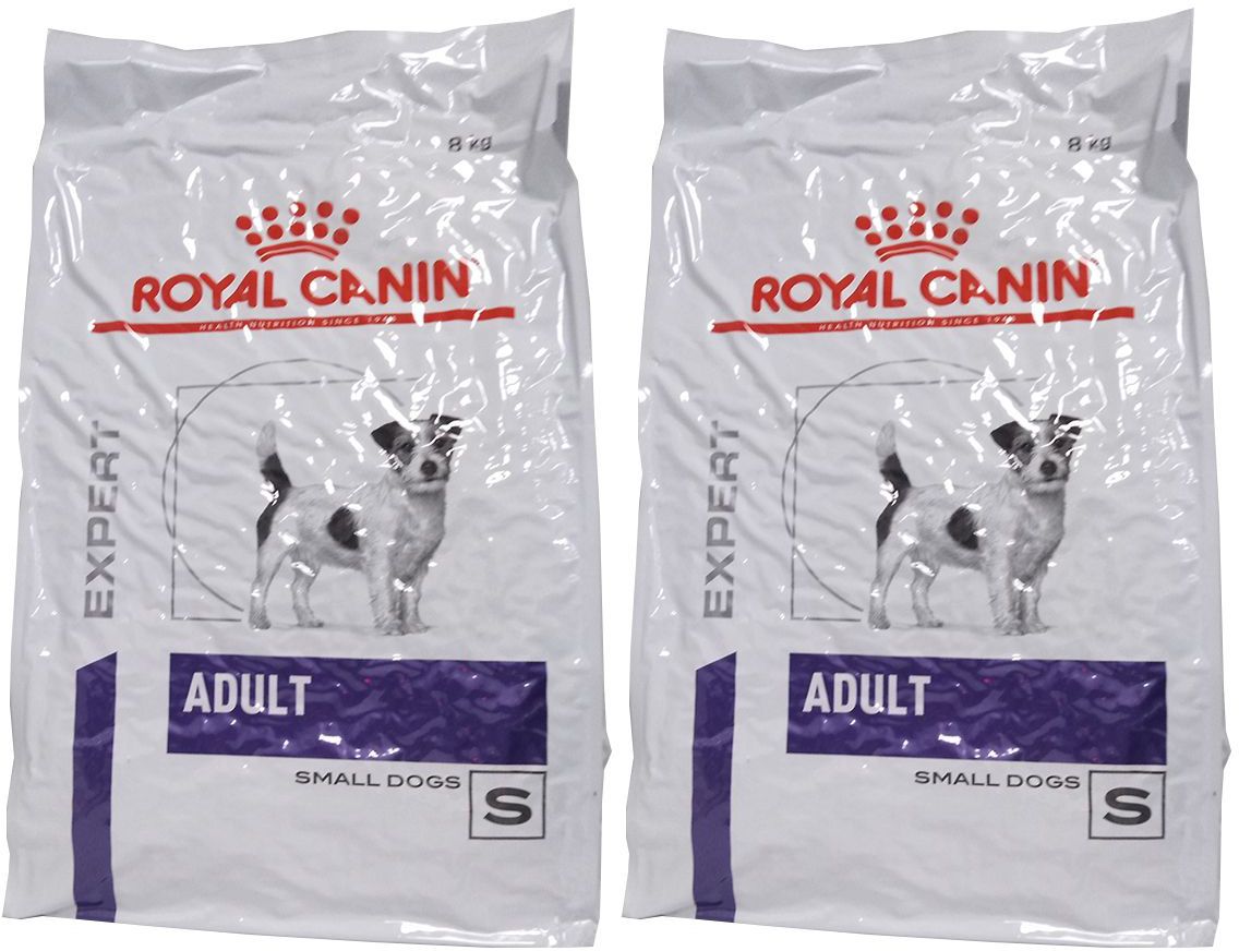 Zwei Beutel ROYAL CANIN Hundefutter. Aufdruck: ROYAL CANIN, EXPERT, ADULT, SMALL DOGS, S. Abbildung eines Hundes.