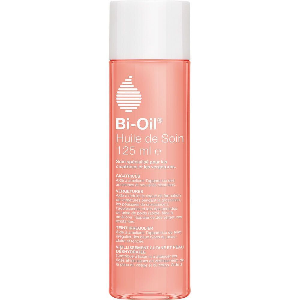 Bi-Oil Pflegeöl Flasche, rosa Flüssigkeit, weißer Deckel, 125 ml. Produktinformationen auf dem Etikett.
