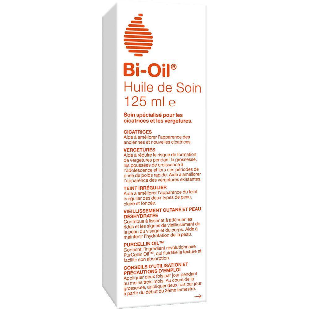 Bi-Oil Pflegeöl Verpackung, weiß, orangefarbene Details, Produktinformationen. 125 ml Flaschenabbildung.