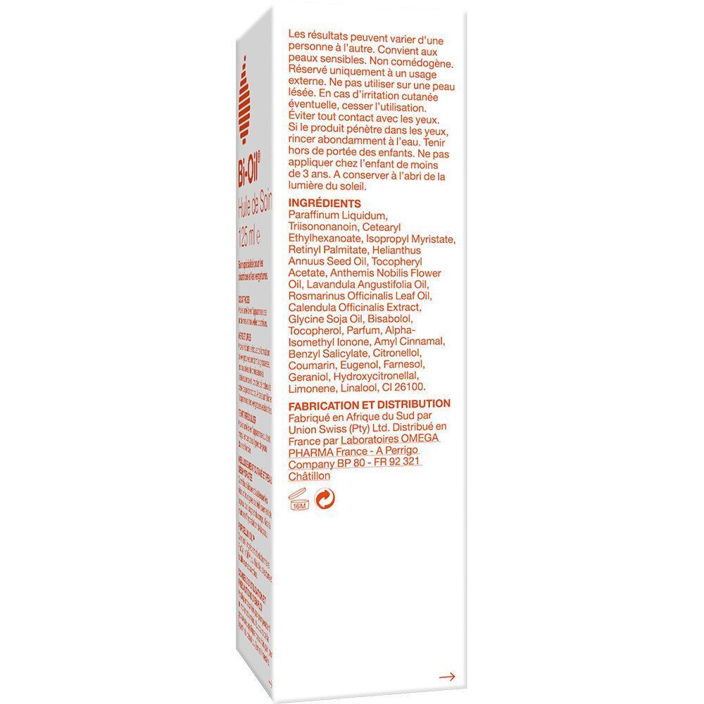 Rückseite der Bi-Oil Pflegeöl Verpackung. Inhaltsstoffe, Herstellerinformationen und Warnhinweise.