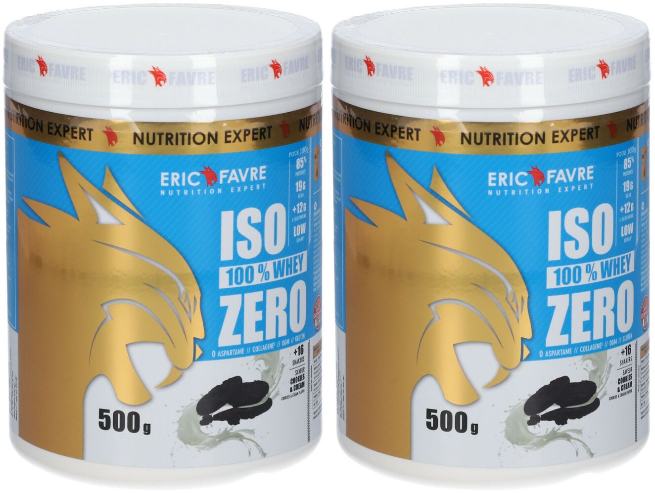 Deux boîtes avec couvercles blancs. Étiquettes bleues avec graphisme doré et texte: ISO 100% WHEY ZERO. 500g.