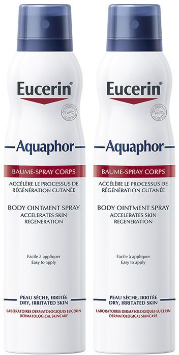 Deux flacons Eucerin Aquaphor Baume-Spray Corps. Blancs, bouchon bleu et texte rouge. Inscriptions en français.