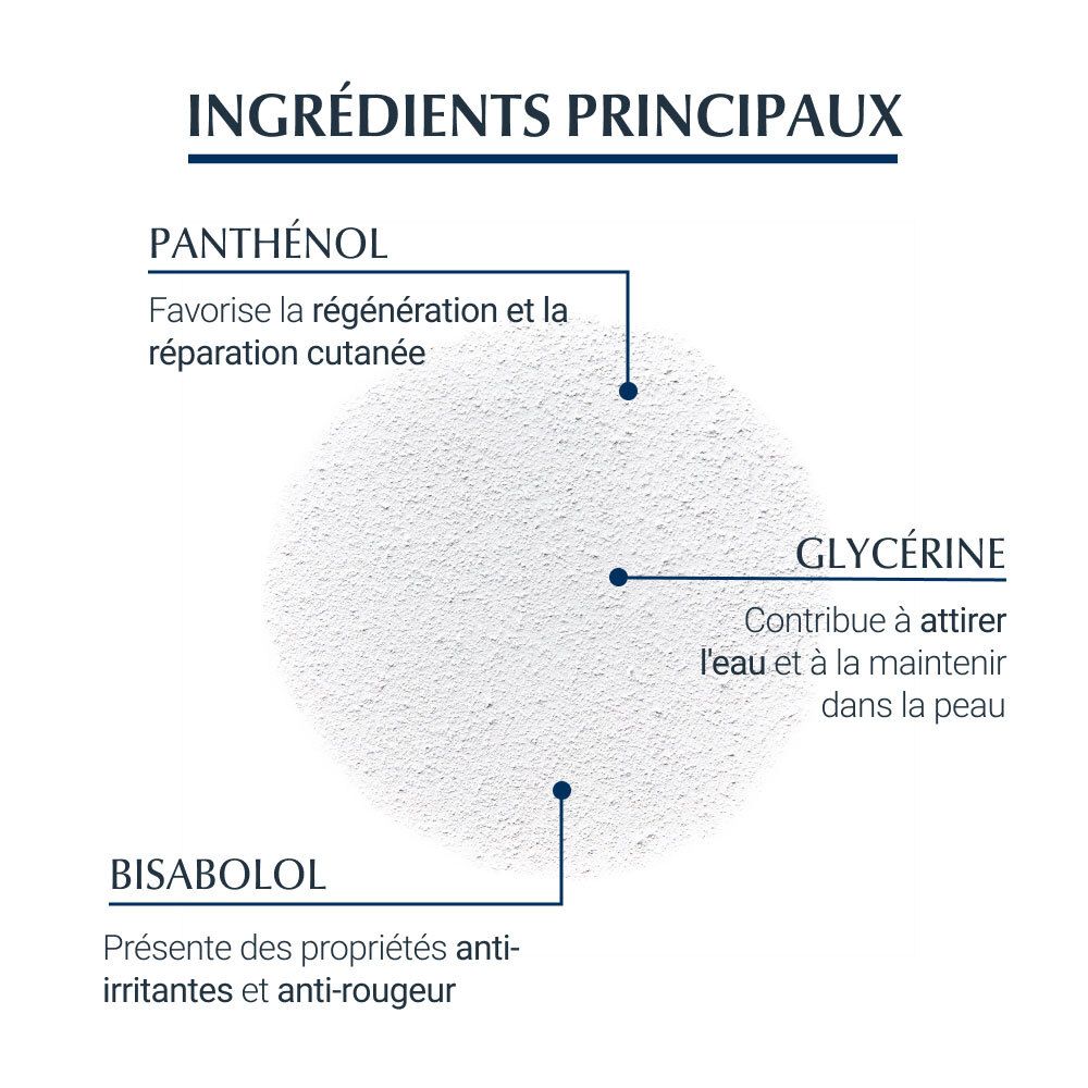Gros plan sur les ingrédients : Panthénol, Glycérine, Bisabolol. Texte en français.