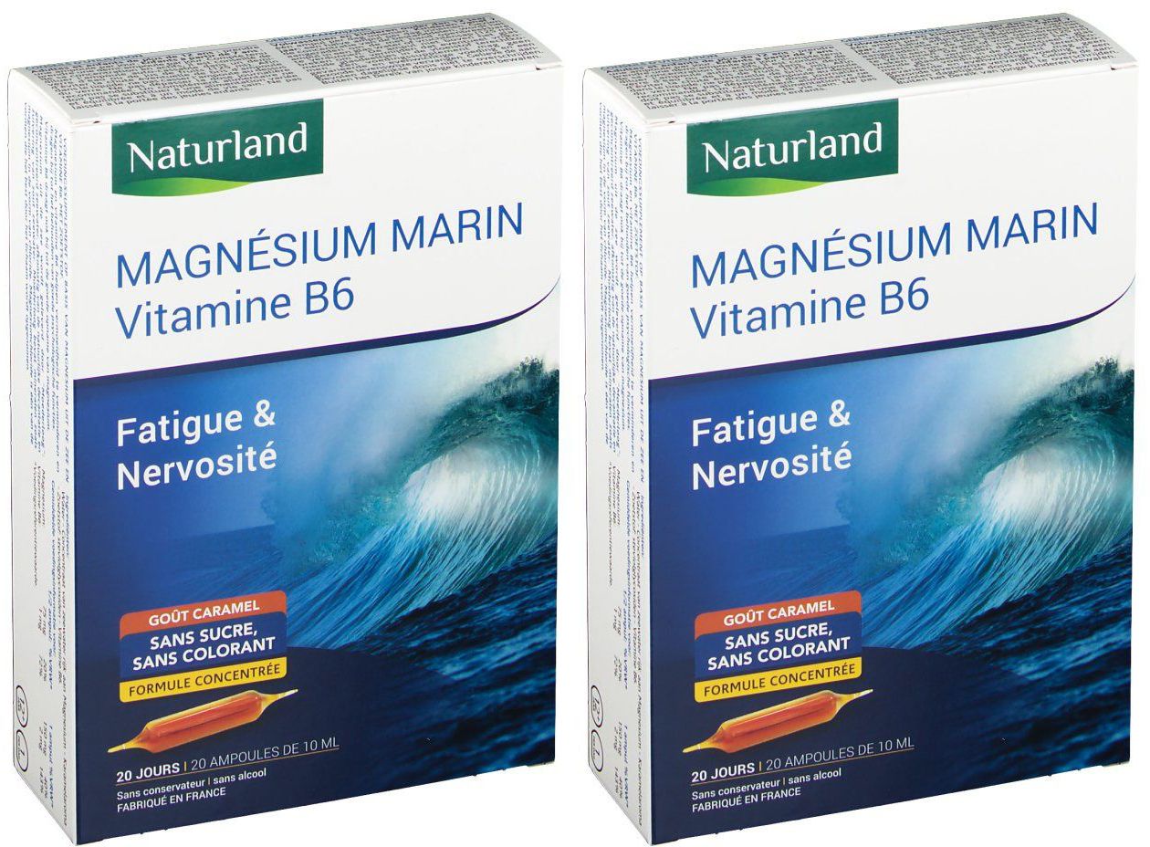 Zwei Kartons Naturland MAGNÉSIUM MARIN Vitamine B6. Aufschrift: Fatigue & Nervosité. Geschmack Karamell, ohne Zucker, ohne Farbstoffe.
