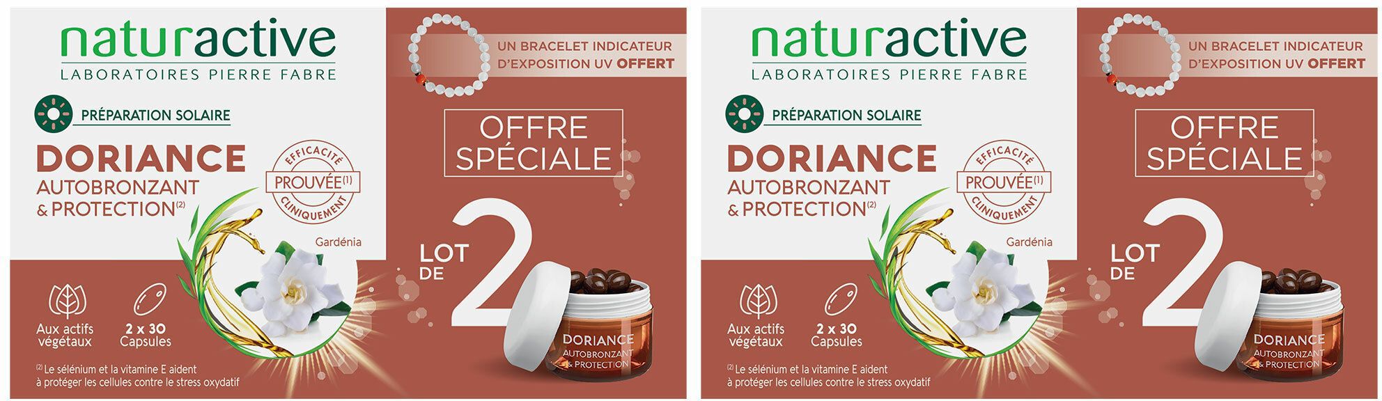 Deux boîtes de Naturactive Doriance Autobronzant & Protection. Inscription : Offre Spéciale, Lot de 2. Pot ouvert avec capsules.