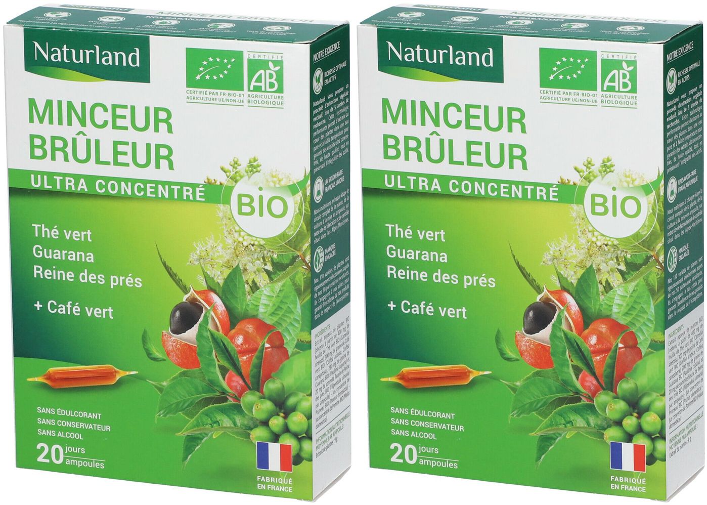 Deux boîtes vertes "MINCEUR BRÛLEUR". Certification Bio. Contient 20 ampoules. Drapeau français.