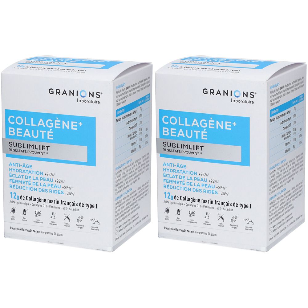 Deux boîtes blanches avec texte bleu. On lit GRANIONS, COLLAGÈNE+ BEAUTÉ SUBLIMLIFT et des informations anti-âge. 12g de collagène marin.
