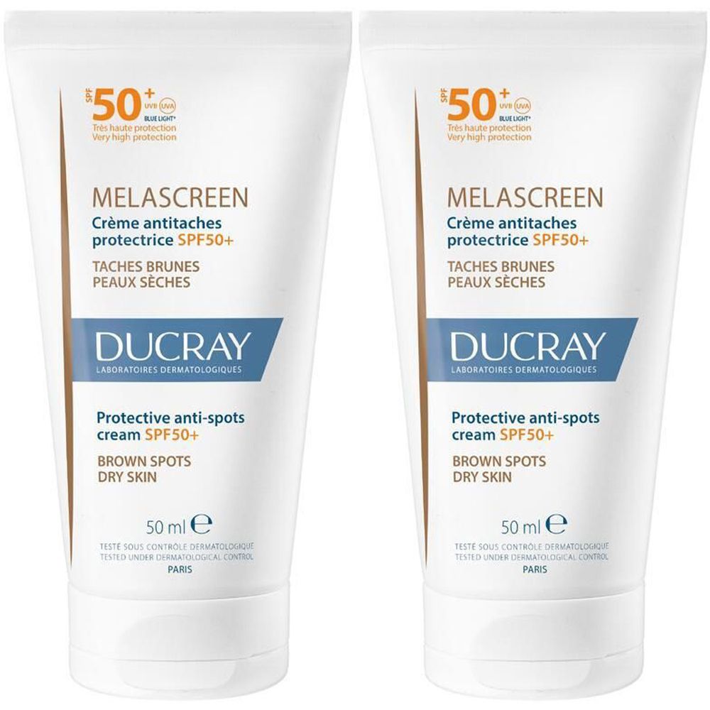 Zwei Tuben DUCRAY MELASCREEN Creme. Aufschrift: Crème antitaches protectrice SPF 50+. Für trockene Haut und braune Flecken.