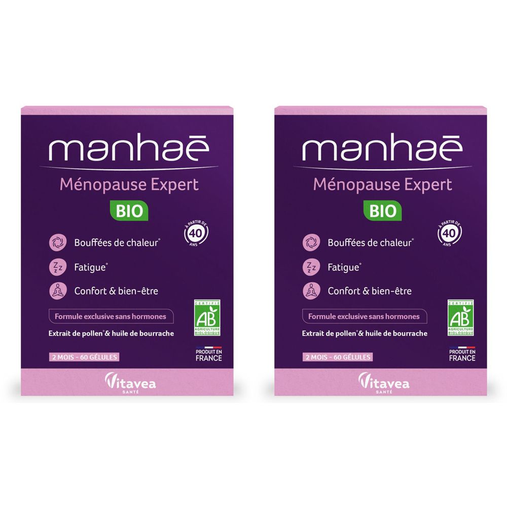 Deux boîtes de MANHAE Ménopause Expert BIO. Emballage violet avec texte blanc. Contient 40 gélules. Certification AB. Logo Vitavea.