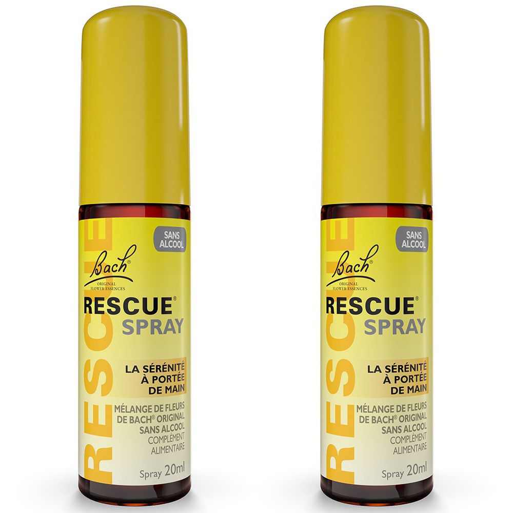 Zwei gelbe Sprühflaschen. Aufschrift: Bach Rescue Spray, ohne Alkohol. Produktname und Text in französischer Sprache.