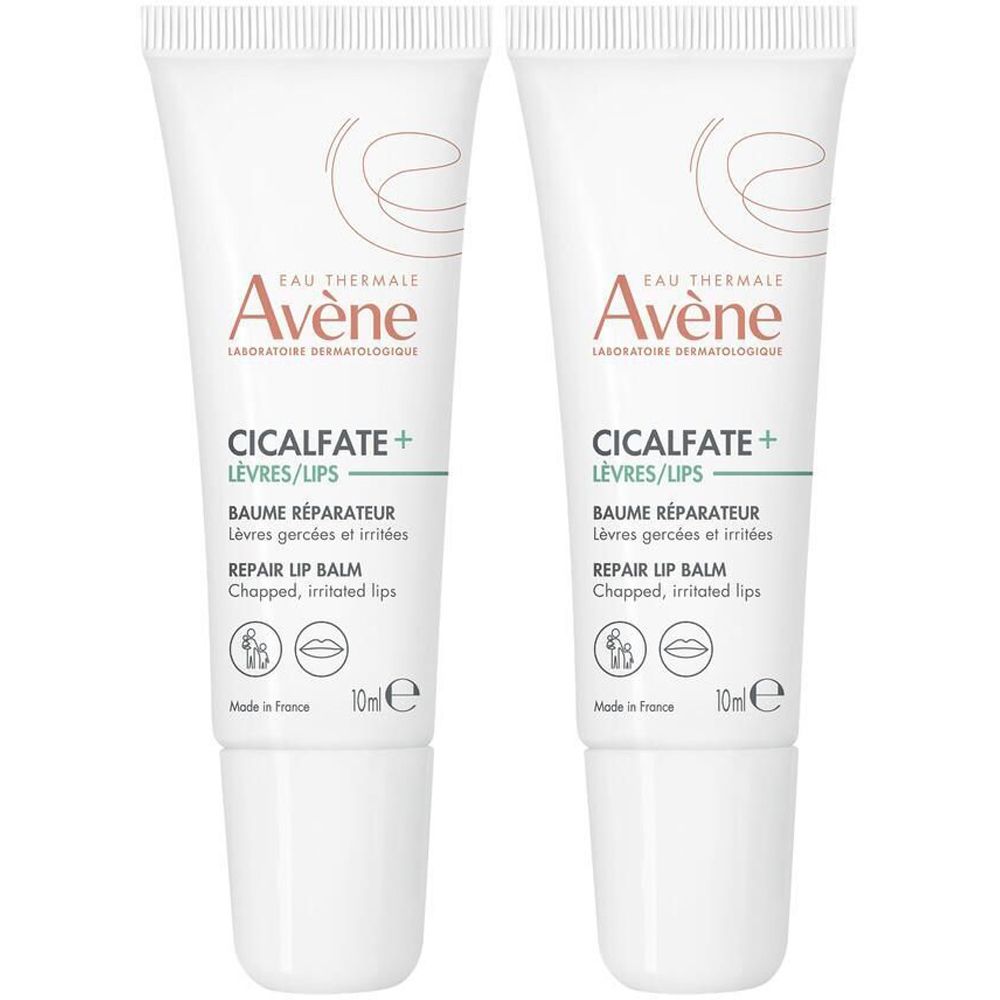 Deux tubes de baume à lèvres Avène Cicalfate+. Blanc, avec texte et logo. Contient 10ml.