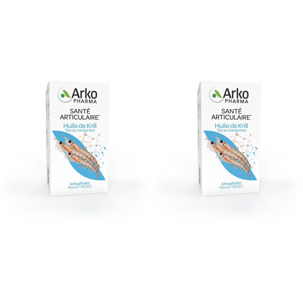 Zwei Schachteln Arkopharma. Aufschrift: Santé Articulaire Huile de Krill. Abbildung eines Krills.