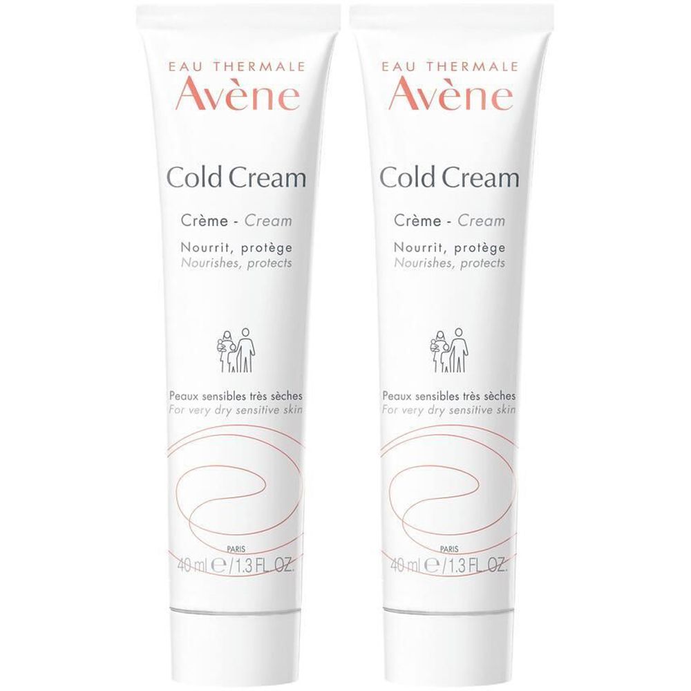 Zwei Tuben Avène Cold Cream. Weiße Tuben mit roter Schrift. Text: Cold Cream, Crème-Cream, für sehr trockene, empfindliche Haut.