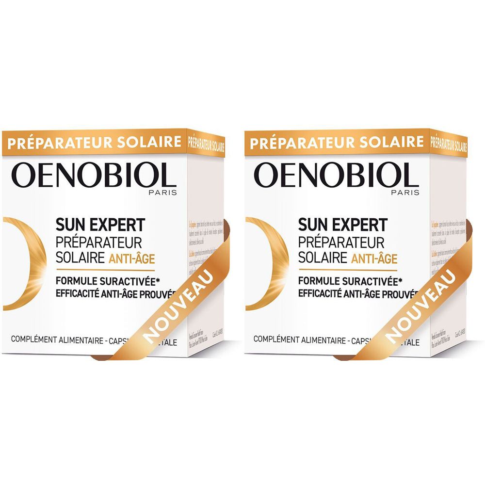 Deux boîtes blanches avec impression du produit. Inscription : OENOBIOL, SUN EXPERT, PRÉPARATEUR SOLAIRE ANTI-AGE. Avec ruban « NOUVEAU ».