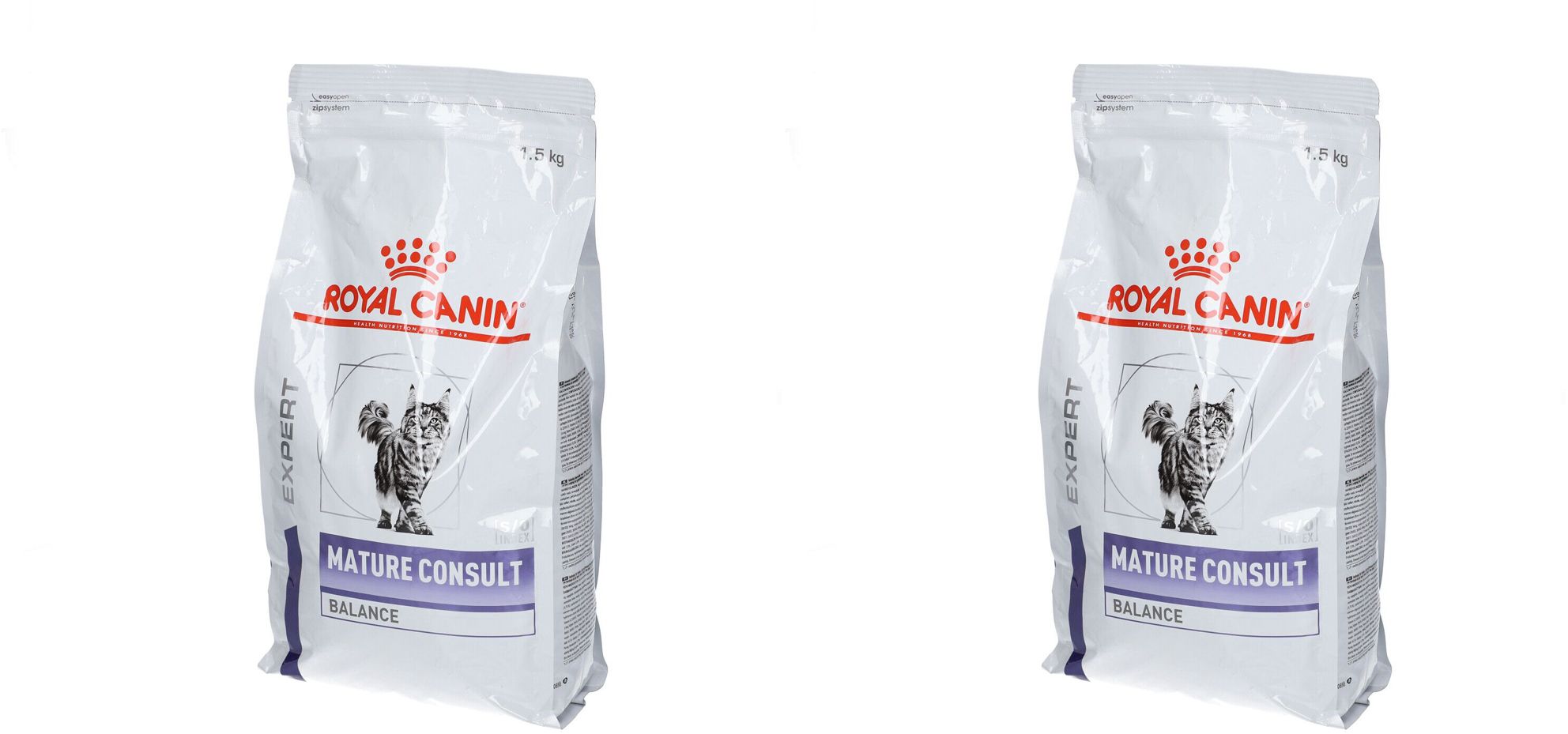Zwei Beutel Royal Canin Mature Consult Katzenfutter. Weißer Beutel mit Logo, Katze und Produktbezeichnung.