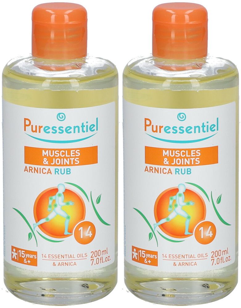 Deux flacons de Puressentiel Arnica Rub Muscles & Articulations, 200 ml chacun.