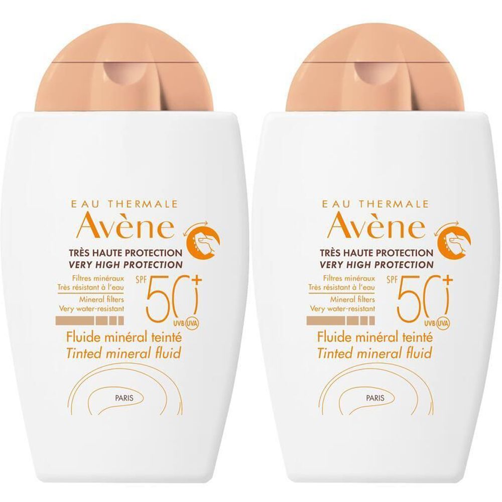 Deux flacons de Avène Fluide minéral teinté SPF 50+. Flacons blancs avec bouchon beige. Inscription: Très haute protection, SPF 50+.