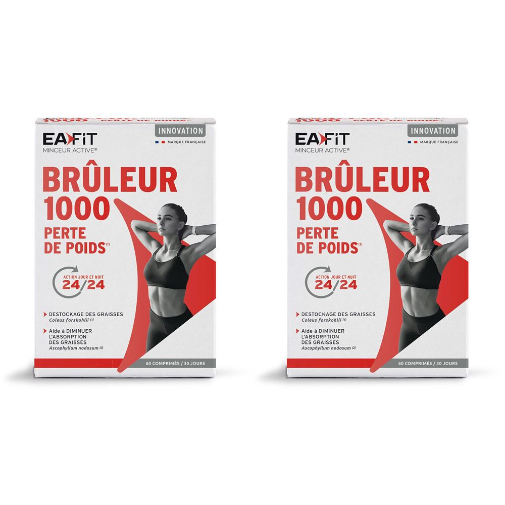 Deux boîtes de EA Fit Brûleur 1000. Emballage blanc avec graphique rouge et nom du produit. Image d'une femme.