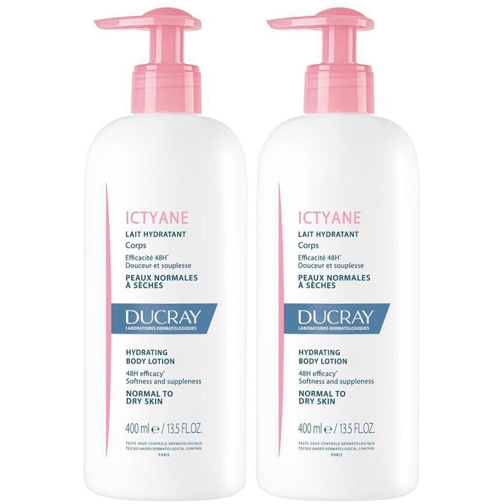 Zwei weiße Flaschen mit rosa Pumpaufsatz. Aufschrift: Ictyane Lait Hydratant Corps, Ducray. Für normale bis trockene Haut.