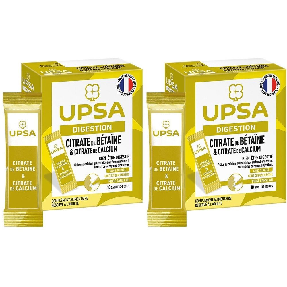 Deux boîtes jaunes "UPSA DIGESTION Citrate de Bétaïne & Citrate de Calcium". Drapeau français et 10 sachets-doses. Complément alimentaire.