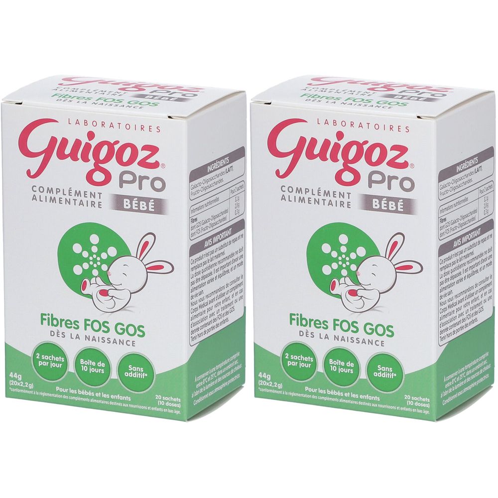 Zwei Kartons mit der Aufschrift Guigoz Pro, ergänzt durch Fibres FOS GOS. Aufdrucke: Bébé, 2 Beutel pro Tag, 10 Tage, ohne Zuckerzusatz.