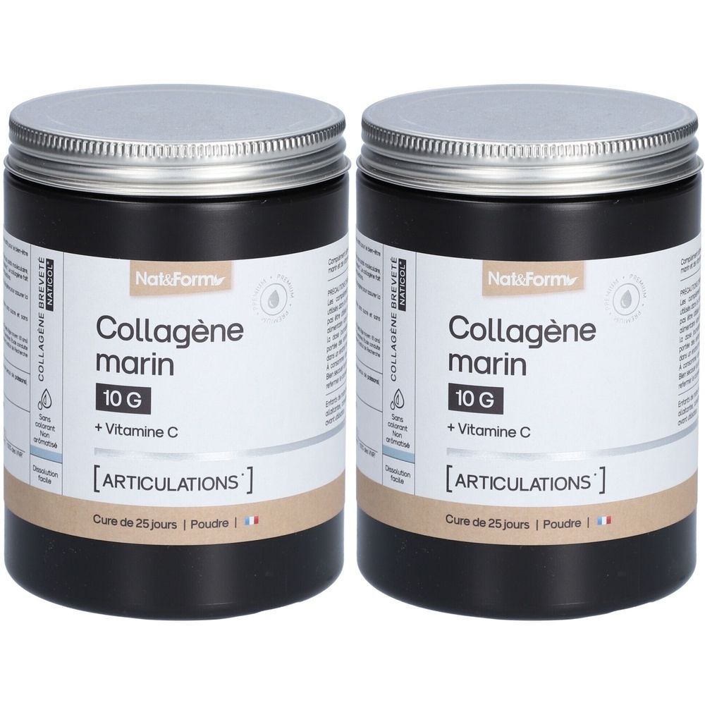 Deux boîtes de Nat&Form Collagène marin. Boîtes noires avec couvercles argentés. Inscription: Collagène marin, 10 G, + Vitamine C, [ARTICULATIONS].