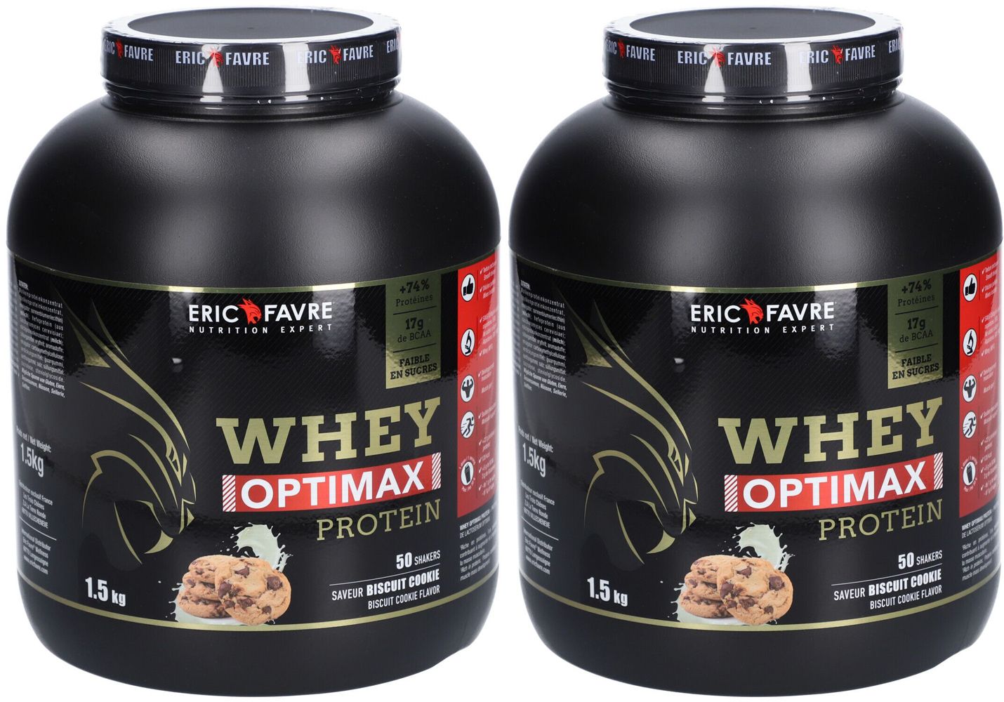 Deux boîtes noires de protéines WHEY OPTIMAXI. Marque ERIC FAVRE. Inscription : 1,5 kg et 50 portions. Saveur Biscuit Cookie.