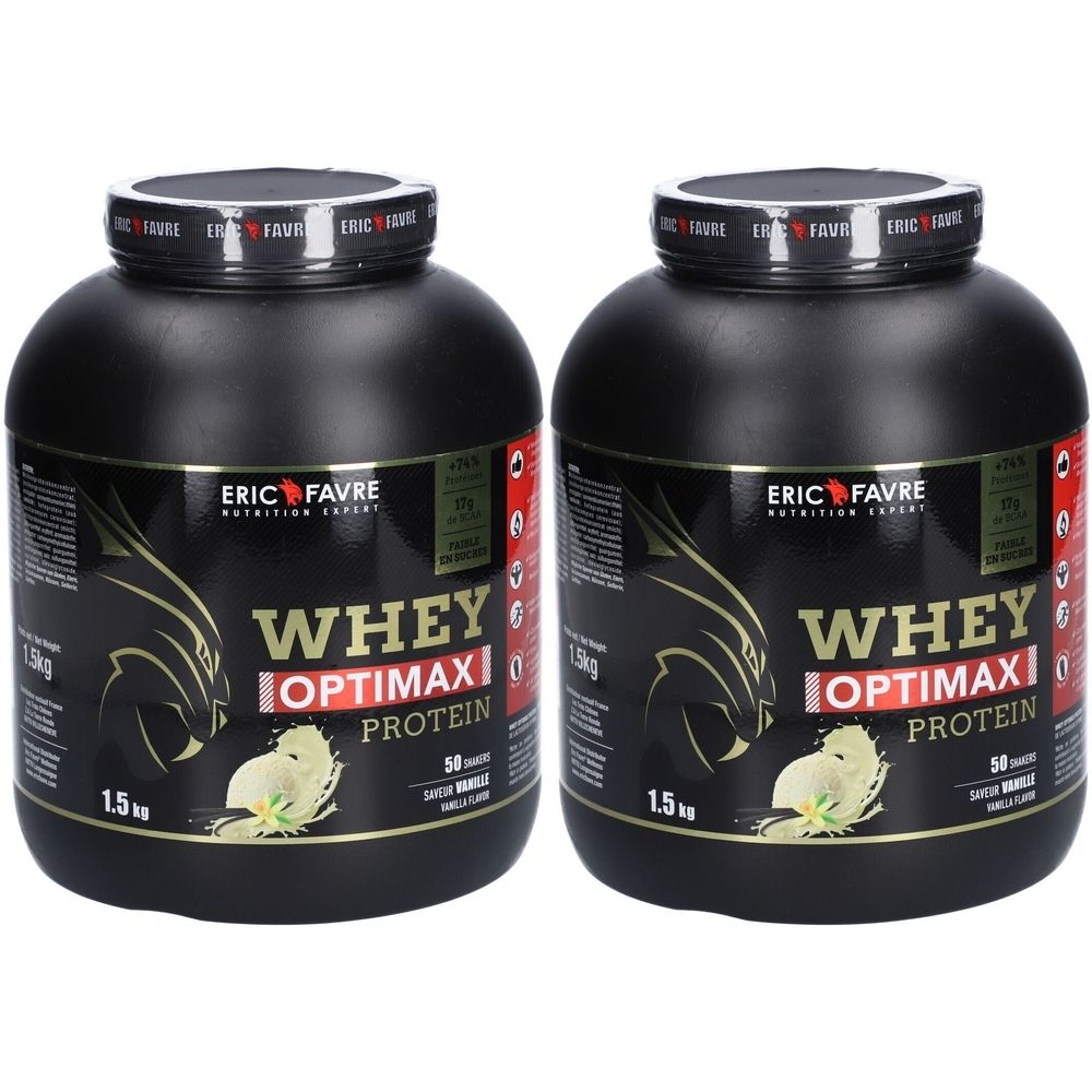 Deux pots noirs avec l'inscription "WHEY OPTIMAXI PROTEIN". Marque "ERIC FAVRE". Saveur vanille.