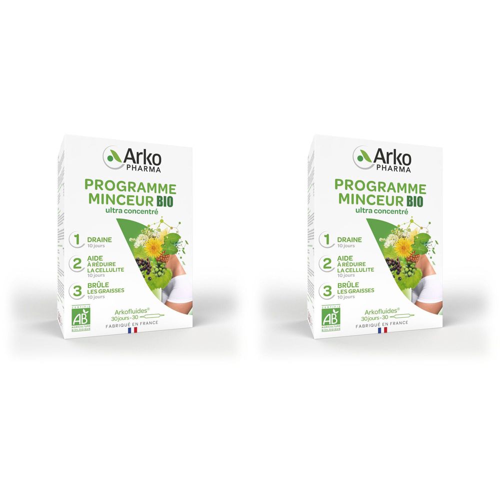 Deux boîtes de « PROGRAMME MINCEUR BIO » avec le logo Arko Pharma. Trois fonctions sont indiquées sur l'emballage.