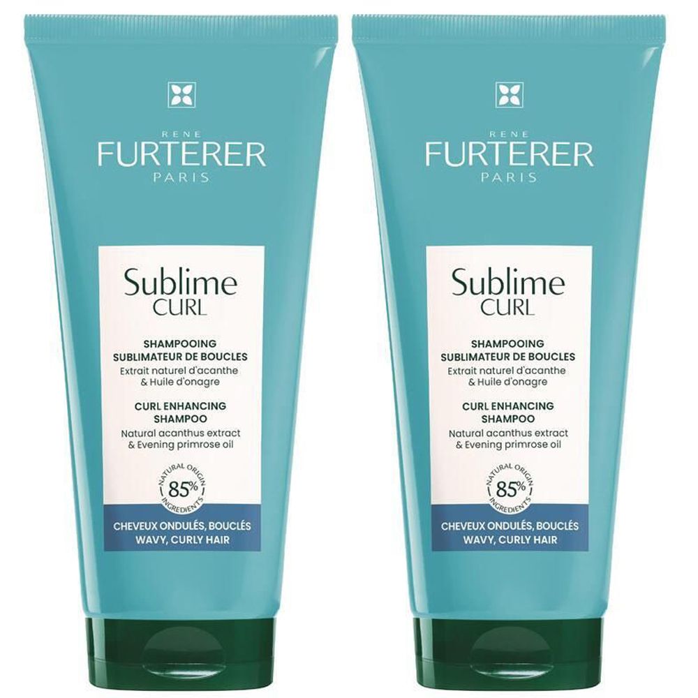 Deux tubes de shampooing René Furterer Sublime Curl. Emballage bleu turquoise avec étiquette blanche et bouchon vert. Texte: Curl Enhancing Shampoo.