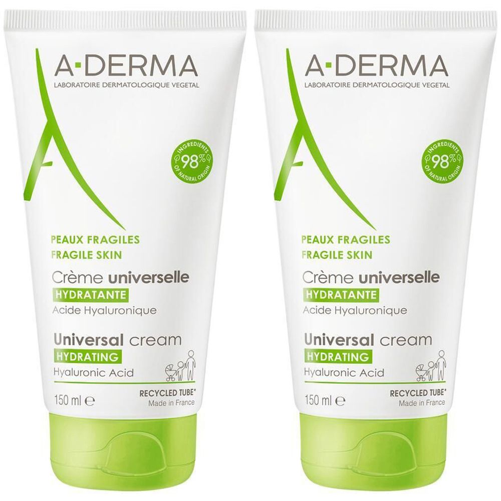 Zwei Tuben A-DERMA Crème universelle hydratante. Weiße Tuben mit grünen Akzenten. Text: Peaux fragiles, Crème universelle, 150 ml.